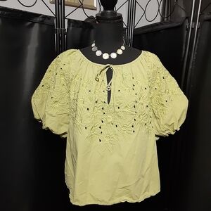 Jacquie The Label Chic Olive Embroidered Women's Blouse Balloon Sleeves Size L